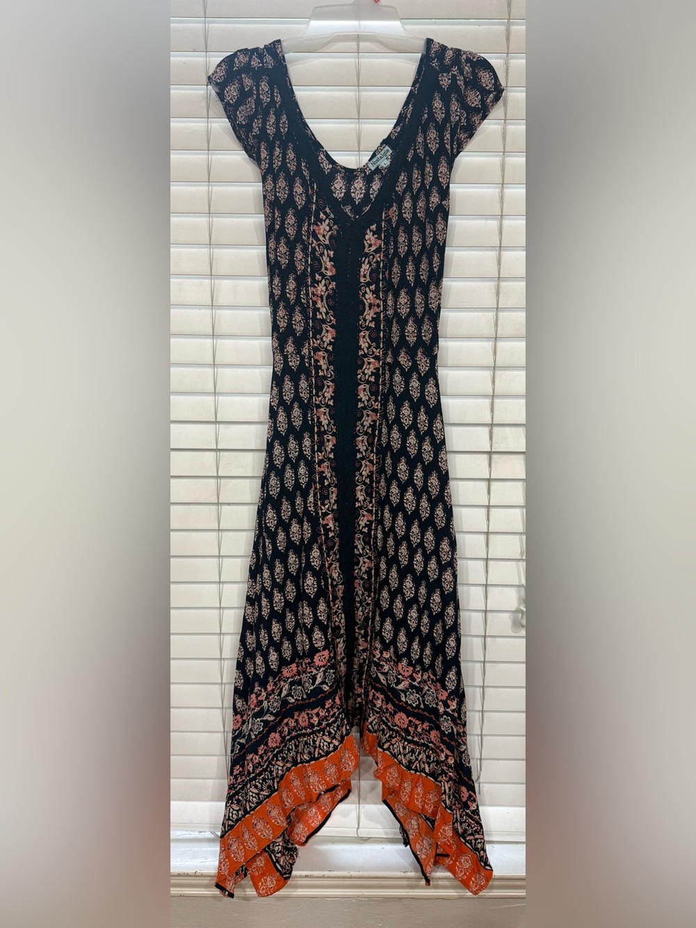 Nostalgia Boho Medallion Handkerchief Hem Maxi Dress Size Navy & Orange